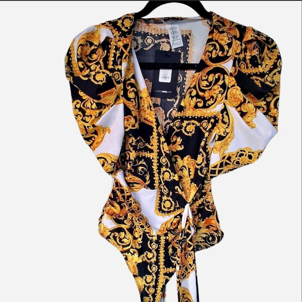 Fashion Nova Black and Gold Baroque Blouse